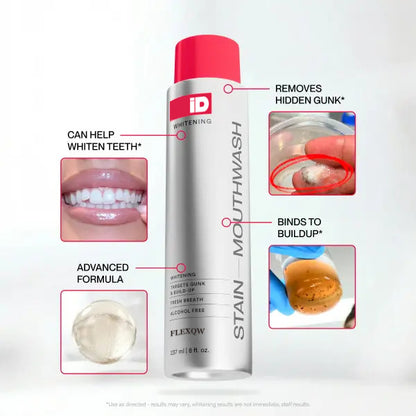 Stain-removing mouthwash, deep cleansing, minty and long-lasting.